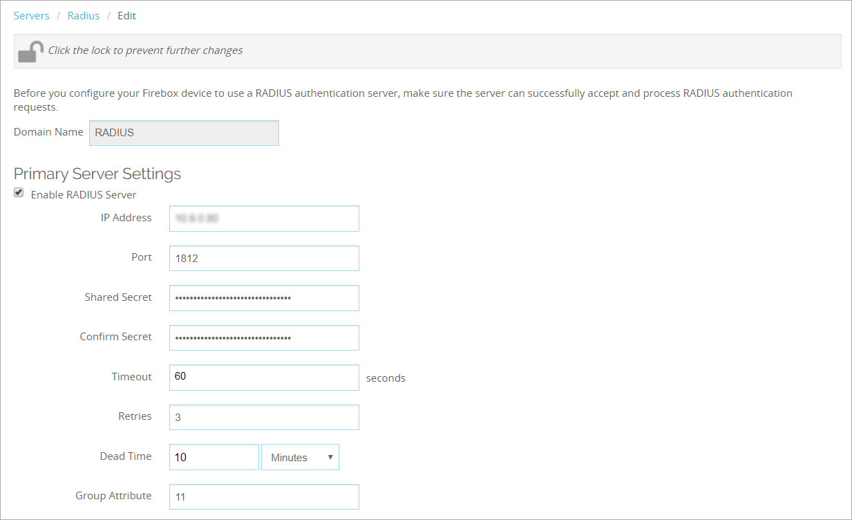 Screenshot that shows the settings for the primary RADIUS server.